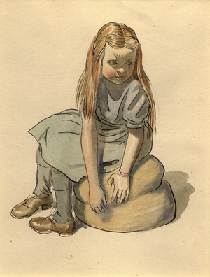 Christine with long hair, seated on a pouff, c.1950 (pen & ink with w/c on paper)