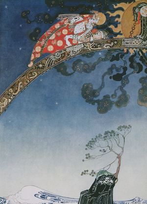 and flitted away as far as they could from the castle that lay East of the Sun and West of the Moon", from East of the Sun and West of the Moon, pub.1914 (colour litho)