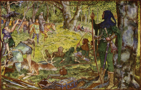 How the King, disguised as an Abbot, visited Robin under the Greenwood Tree (colour litho)