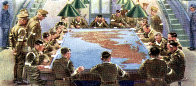 Air Raid Precautions: Set of 50 cards issued by WD & H0 Wills, Britain 1938, in preparation for the anticipated coming of World War II. Air Defence Control Room from where orders were sent out to fighter squadrons. 