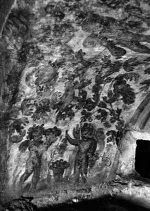 Erich Andres Italy - In the catacombs of Rome in the 1950s: this wonderful and colorful representation of refreshment after death in the arched vault of a secluded burial niche promises paradisiacal joys from an almost earthly imagination. 512/18