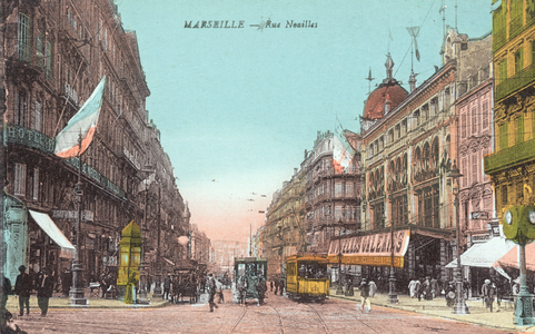 Postcard of the Rue Noailles, showing the omnibus and the Nouvelles Galeries, Marseille, early 20th century (coloured photo)