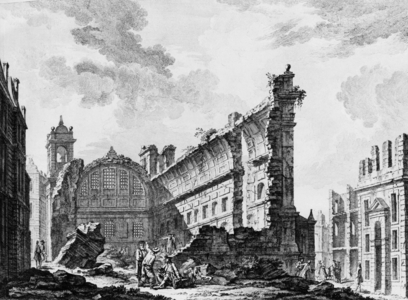 Church of Nicolas Saint in Lisbon, destroyed by the earthquake (three earth tremors) then by several tidal waves, Saturday November 1, 1755, engraving by Bottom in 1757