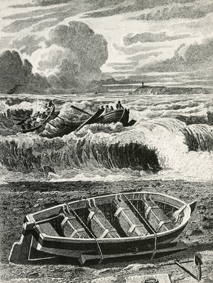 Lifeboat designed by Gabriel Bray of Charmouth, Dorset, England. Engraving 1818.