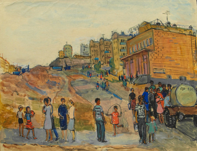 The Moscow Region of Cheryomosky Is Being Built. The Kvass Has Arrived, 1965 (tempera on paper)