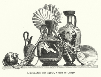 Ancient Greek toiletries vessels together with a mirror, scrapers and fans (engraving)
