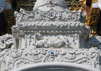 Thailand: Detail over the front door of the ubosot (ordination hall) at Wat Mahawan, Chiang Mai, northern Thailand
