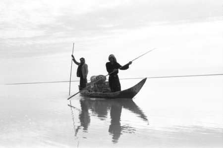 View of a boat in which two men are standing, both holding poling sticks, going to market to buy chickens, Central Marshes, Iraq, 1956 (b/w photo)