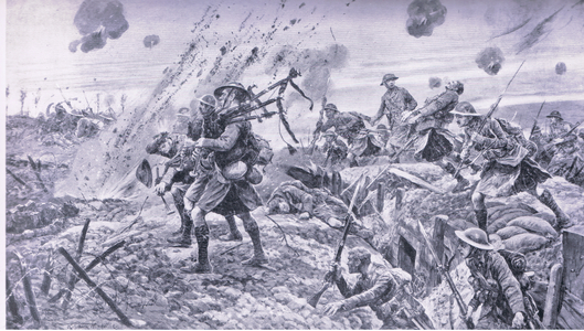Pipers leading a charge: A body of Highlanders preceded by pipers crossing 'No Mans Land' at Longueval, illustration from European History: Great Leaders and Landmarks Vol 6 The Great War published by The Gresham Publishing Company, c.1920 (litho)