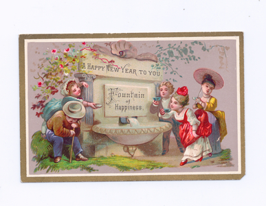 A Victorian New Year card of children drinking at the 'fountain of happiness', c.1880 (colour litho)