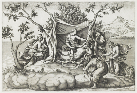 Latona Giving Birth to Apollo and Diana, engraved by Diana Mantovana (b.1535), after 1575 (engraving)