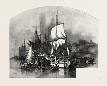 Montreal, Wood Barges, Canada, Nineteenth Century Engraving