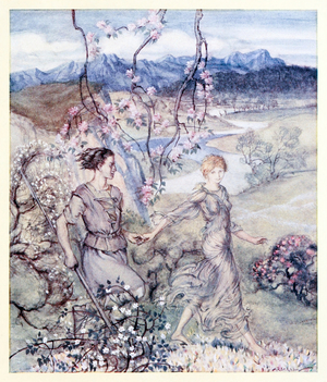 Then they [Iollan and Tuiren] went hand in hand in the country that smells of apple-blossom and honey.' from 'The Birth of Bran' in 'Irish Fairy Tales'