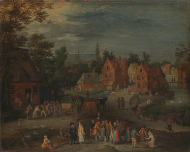 Village with a Puppeteer Entertaining a Small Crowd, 1650 (oil on copper)