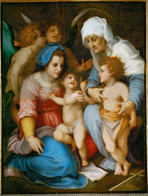 The Holy Family. Saint Mary, Jesus, Saint John Baptist, and his mother Saint Elisabeth …
