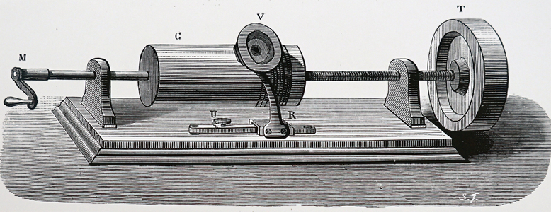 Side view of the first model of Edison's phonograph, 1883