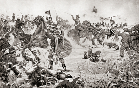 The Battle of Milazzo, between Giuseppe Garibaldi's volunteers and the troops of the Kingdom of Two Sicilies at Milazzo, Sicily, from Hutchinson's History of the Nations, pub.1915 (print)