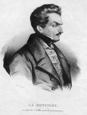 Emile de La Ronciere, accused of rape attempt on young woman Marie de Morell, here during trial on july 5, 1835, France, engraving