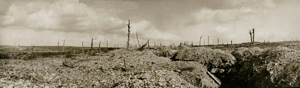 View of Thiepval from an old German trench, France, 1914-18 (b/w photo)