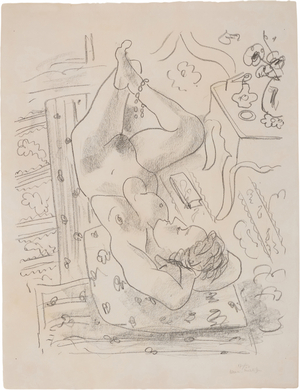 Nude lying down near a Louis XV table, 1929 (pen and ink and pencil on paper)