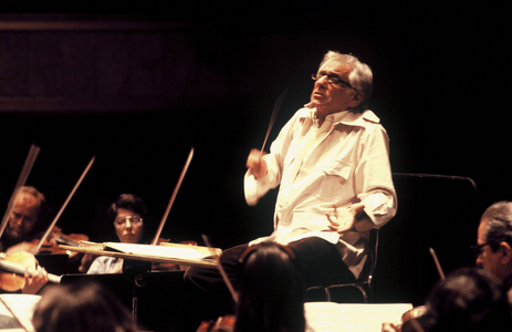Composer and conductor Leonard Bernstein (USA) during a concert,..., 1984 (photo)