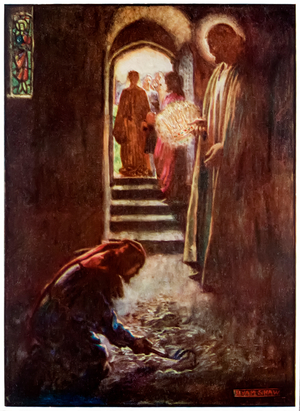 "The man with the muck-rake" from 'The Pilgrim's Progress From This World, To That Which Is To Come' by John Bunyan (1628-1688) Illustration by Byam Shaw (1872-1919), In the Interpreter's House the man can only look down and fails to see the Celestial crown being offered.