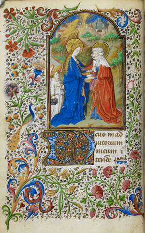 Miniature of the Visitation, with an angel attending the Virgin, with a full foliate border, at the beginning of Lauds of the Virgin