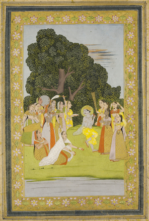 Vishnu with attendants (gouache on gold-sprinkled paper)