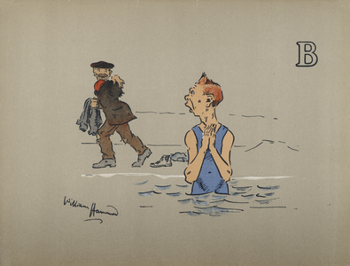 Letter B, Bashful Bather Bitterly Bewailing Breeches Borrowed By Bland But Brawny Beggar (colour litho)
