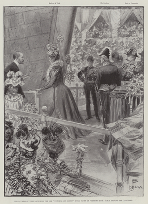 The Duchess of York launching the New "Victoria and Albert" Royal Yacht at Pembroke Dock, HRH driving the Last Rivet (litho)