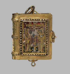 Book-shaped pendant, possibly Venice, c.1600 (silver gilt & glomyized glass)