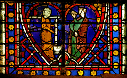 Window depicting Scene from the life of Saint Germain: the Saint's Mother attempting a Miscarriage (stained glass)