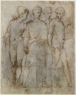 Recto: Four standing soldiers; , WA1846.164 (pen & brown ink, possibly with some later reworking, on paper discoloured by pouncing)