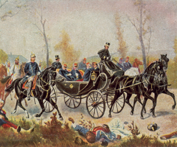 Emperor Napoleon is escorted to the King by Bismarck, 2 September 1870 (enhanced colour litho)
