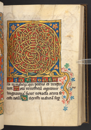 Add. 60629, f.57 Large framed initials in gold and colours with foliate and sometimes zoomorphic and anthropomorphic ornament (vellum)