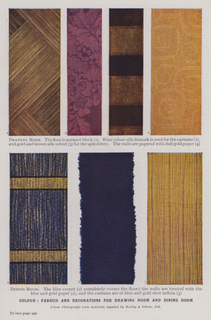 Colour, fabrics and decorations for drawing room and dining room (colour photo)