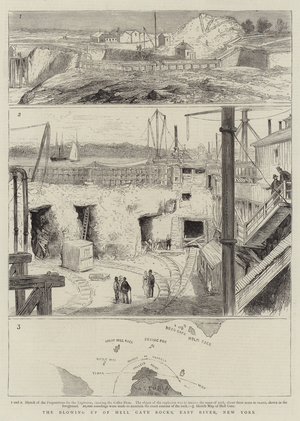 The Blowing up of Hell Gate Rocks, East River, New York (engraving)