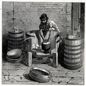 Food and Beverage. Moulding the Edam in the Netherlands. Engraving in: Grands hommes et grands faits de l'industrie, France, vers 1880 (engraving)