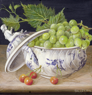 Grapes and Cherries in a Bowl, 1996 (acrylic on board)