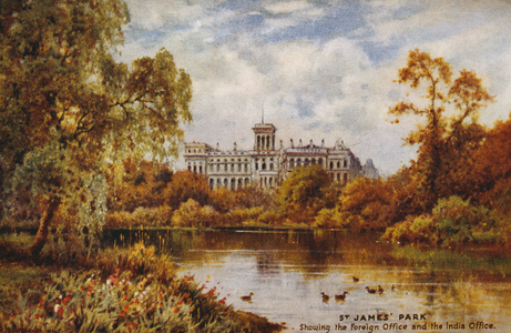 postcard, 1900, showing the British Foreign office and India Office