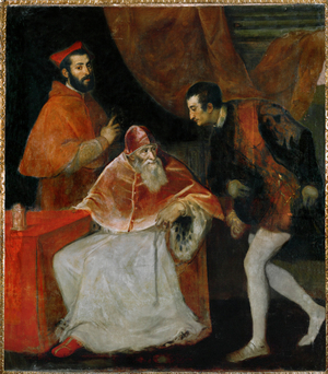 Pope Paul III Farnese with his nephews Ottavio Farnese, Duke of Parma, and Cardinal Alessandro Farnese (oil on canvas)