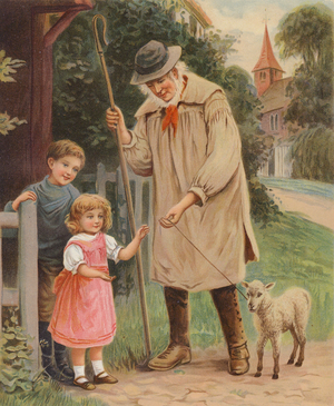 Shepherd giving the reins of a pet lamb to a little girl (chromolitho)