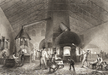 Men and boys at Aspley Pellatt's Falcon Glass Works, Holland Street, Blackfriars, London, 1842. Note cast iron roof trusses. Between 1824-1827) Michael Faraday began investigations of optical glass here before a furnace was built in the Royal Institution. 