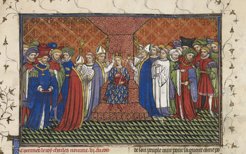 Royal 20 C.VII, fol.216, Coronation of Charles VI, from 'Chroniques de France ou de St. Denis' (vellum)