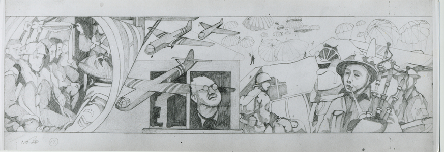 Allied paratroopers land in France early on June 6th and in the afternoon the commandos are piped in (pencil on paper)