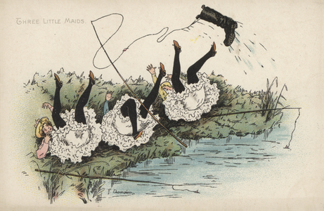 Three Little Maids, fishing, catching boot (colour litho)