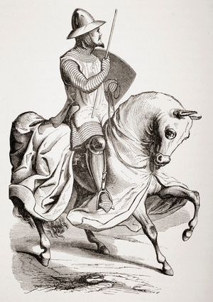 Knight in war harness after miniature in 12th century Psalter.