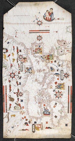 Chart of the Mediterranean and the Black Sea, and a portion of the Atlantic, from the British Islands in the north to the Canaries in the south; with the coast-lines; and with the names of the principal towns in Spanish, By Jaume Oliues, Mallorqui en Missina año 1559 (vellum)