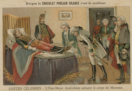 Officers of the Austrian staff saluting the body of General Marceau after his death at Altenkirchen, Germany, 1796 (chromolitho)