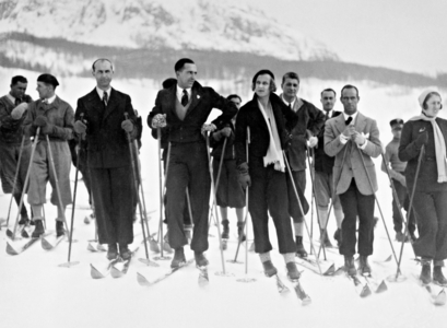 Crown Prince Umberto of Italy and his wife Maria Jose while skiing, 1931 (b/w photo)